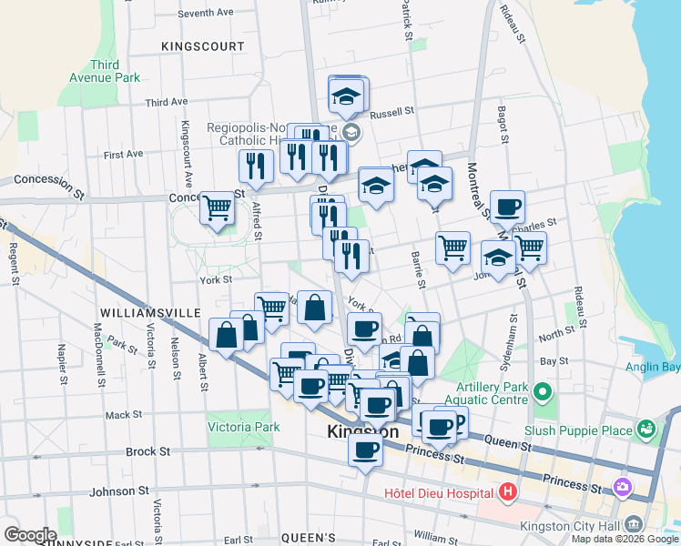 map of restaurants, bars, coffee shops, grocery stores, and more near in Kingston