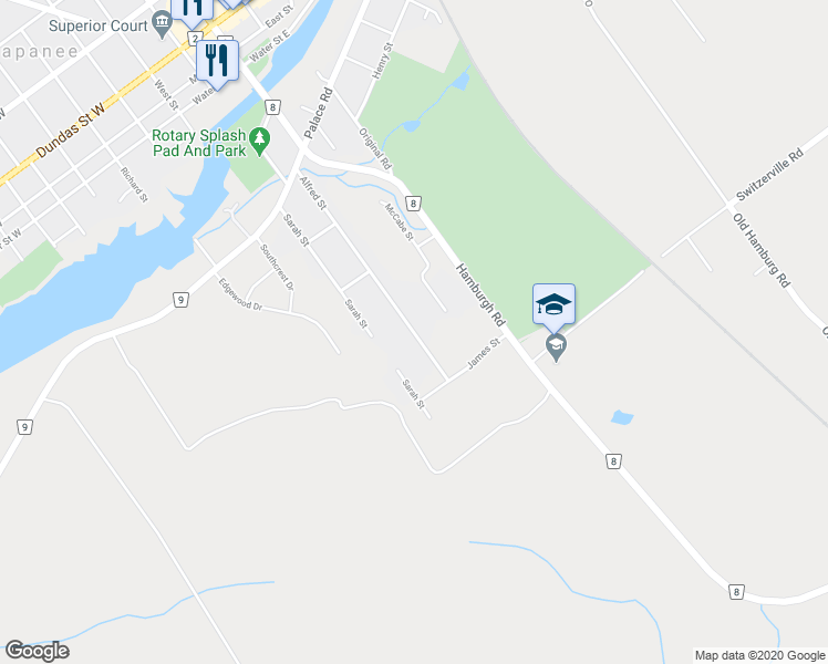 map of restaurants, bars, coffee shops, grocery stores, and more near Alfred Street in Napanee