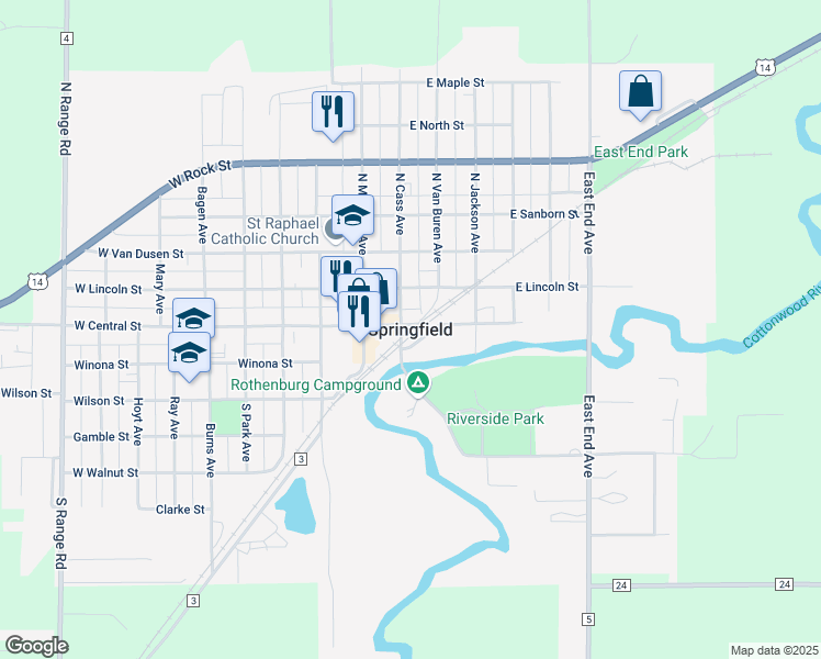 map of restaurants, bars, coffee shops, grocery stores, and more near in Springfield