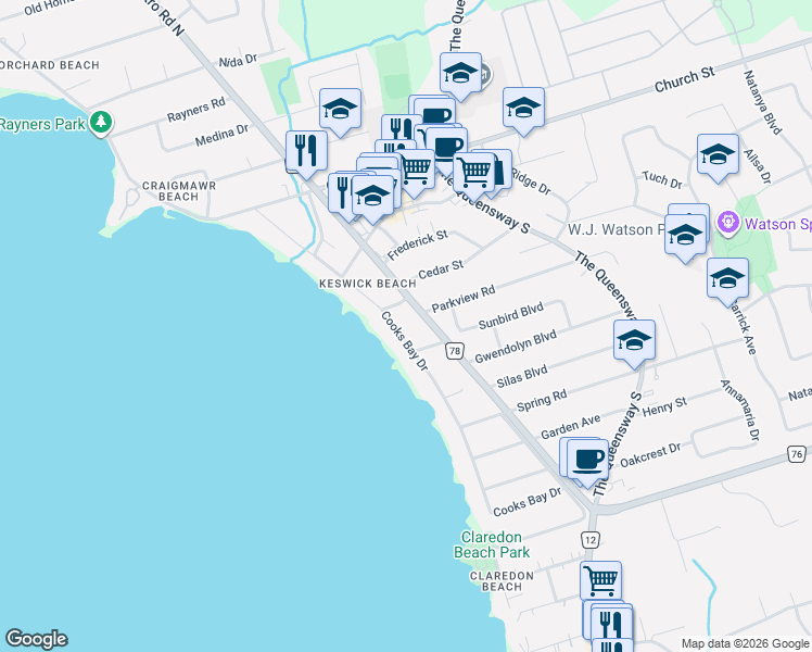 map of restaurants, bars, coffee shops, grocery stores, and more near 65 Cooks Bay Drive in Georgina