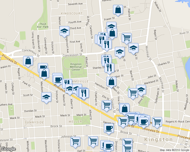 map of restaurants, bars, coffee shops, grocery stores, and more near 138 Chatham Street in Kingston