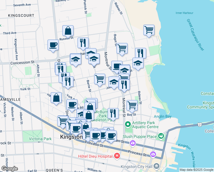 map of restaurants, bars, coffee shops, grocery stores, and more near in Kingston