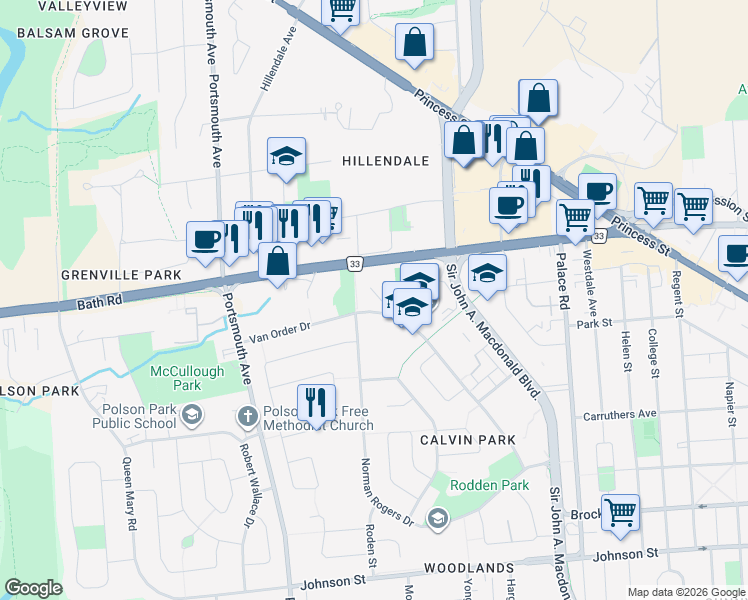 map of restaurants, bars, coffee shops, grocery stores, and more near 14 Machar Place in Kingston