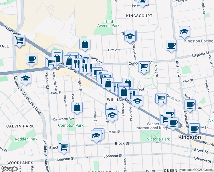 map of restaurants, bars, coffee shops, grocery stores, and more near in Kingston