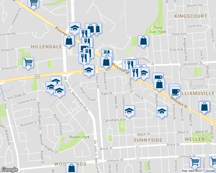 map of restaurants, bars, coffee shops, grocery stores, and more near 281 Westdale Avenue in Kingston