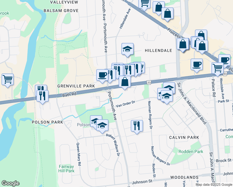 map of restaurants, bars, coffee shops, grocery stores, and more near 523 Portsmouth Avenue in Kingston