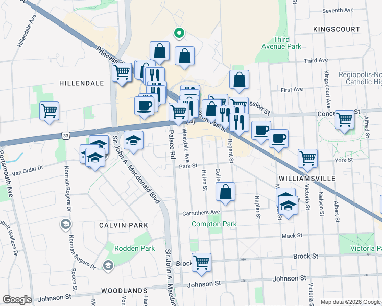map of restaurants, bars, coffee shops, grocery stores, and more near 281 Westdale Avenue in Kingston