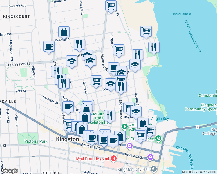 map of restaurants, bars, coffee shops, grocery stores, and more near 286A Montreal Street in Kingston