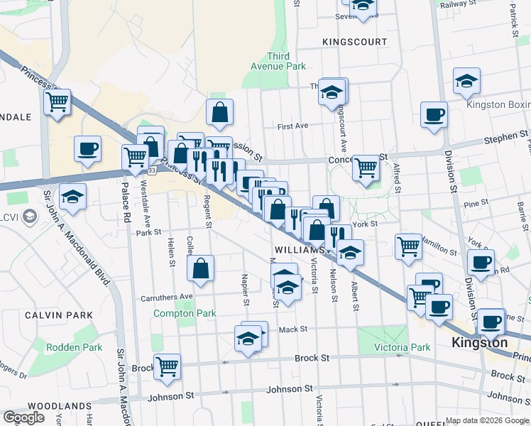 map of restaurants, bars, coffee shops, grocery stores, and more near 689 Princess Street in Kingston