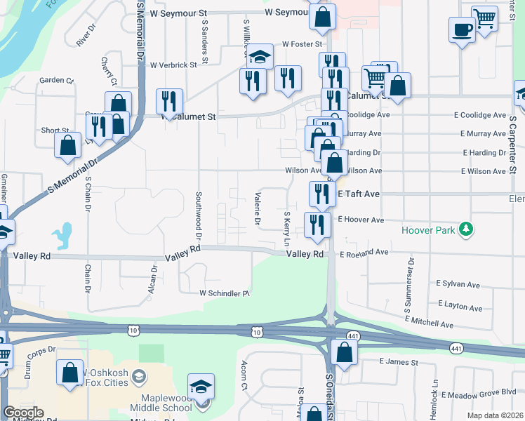 map of restaurants, bars, coffee shops, grocery stores, and more near 56 Valerie Drive in Appleton