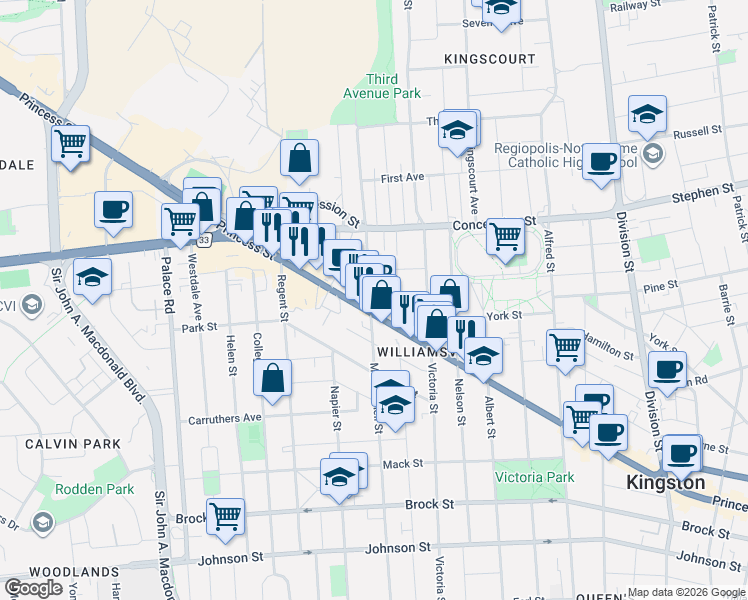 map of restaurants, bars, coffee shops, grocery stores, and more near 471 MacDonnell Street in Kingston