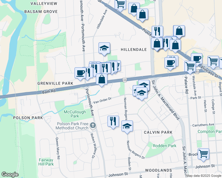 map of restaurants, bars, coffee shops, grocery stores, and more near in Kingston