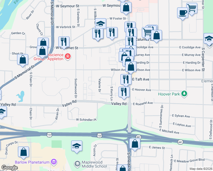 map of restaurants, bars, coffee shops, grocery stores, and more near 2509 South Kerry Lane in Appleton