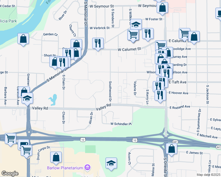 map of restaurants, bars, coffee shops, grocery stores, and more near 2512 Southwood Drive in Appleton
