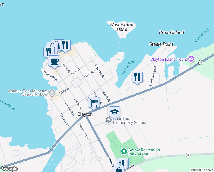 map of restaurants, bars, coffee shops, grocery stores, and more near 326 Franklin Street in Clayton