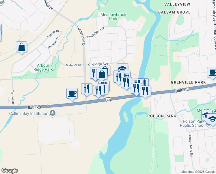 map of restaurants, bars, coffee shops, grocery stores, and more near 539 Armstrong Road in Kingston