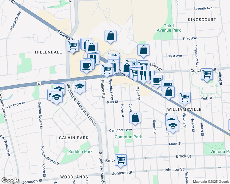 map of restaurants, bars, coffee shops, grocery stores, and more near 287 Westdale Avenue in Kingston