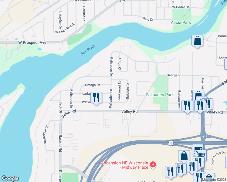 map of restaurants, bars, coffee shops, grocery stores, and more near 2535 Palisades Lane in Appleton