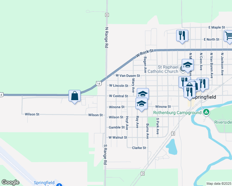 map of restaurants, bars, coffee shops, grocery stores, and more near 702 West Central Street in Springfield