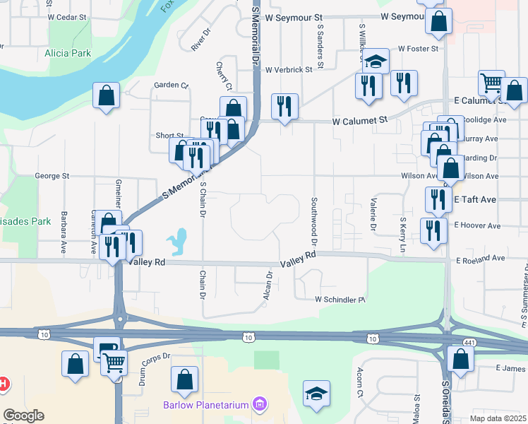 map of restaurants, bars, coffee shops, grocery stores, and more near 2600 South Heritage Woods Drive in Appleton