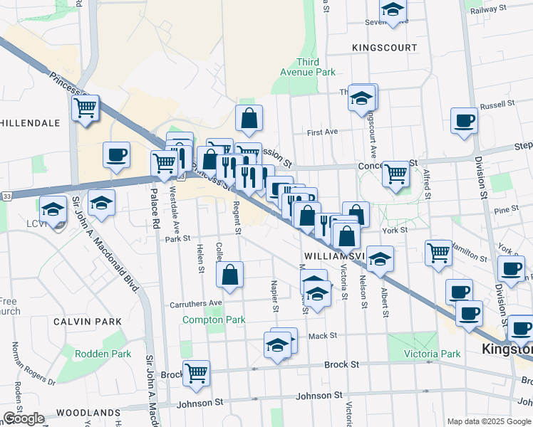 map of restaurants, bars, coffee shops, grocery stores, and more near 826 Kingston 2 in Kingston