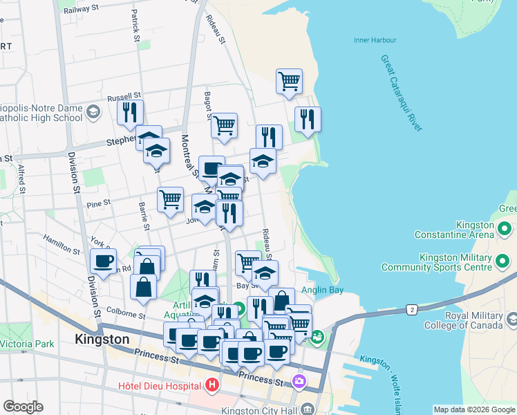 map of restaurants, bars, coffee shops, grocery stores, and more near in Kingston