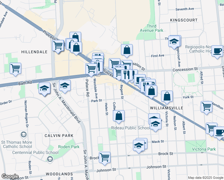 map of restaurants, bars, coffee shops, grocery stores, and more near 890 Princess Street in Kingston