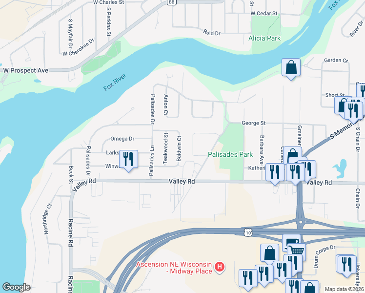 map of restaurants, bars, coffee shops, grocery stores, and more near 1618 Stanton Circle in Appleton