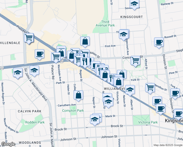 map of restaurants, bars, coffee shops, grocery stores, and more near 826 Kingston 2 in Kingston