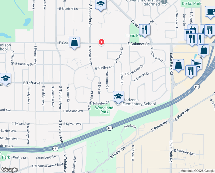 map of restaurants, bars, coffee shops, grocery stores, and more near 38 Welcome Circle in Appleton
