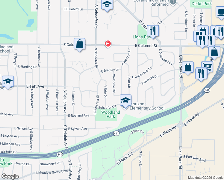 map of restaurants, bars, coffee shops, grocery stores, and more near 38 Welcome Circle in Appleton