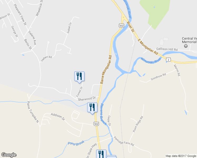 map of restaurants, bars, coffee shops, grocery stores, and more near 367 River St in Montpelier