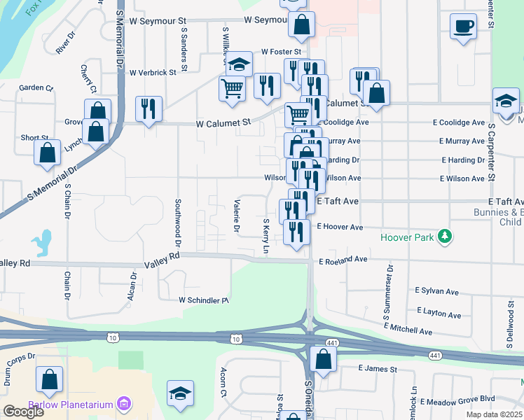 map of restaurants, bars, coffee shops, grocery stores, and more near 2509 South Kerry Lane in Appleton