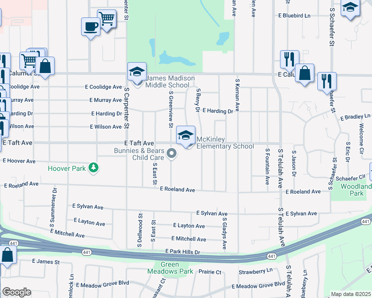 map of restaurants, bars, coffee shops, grocery stores, and more near 1125 East Taft Avenue in Appleton