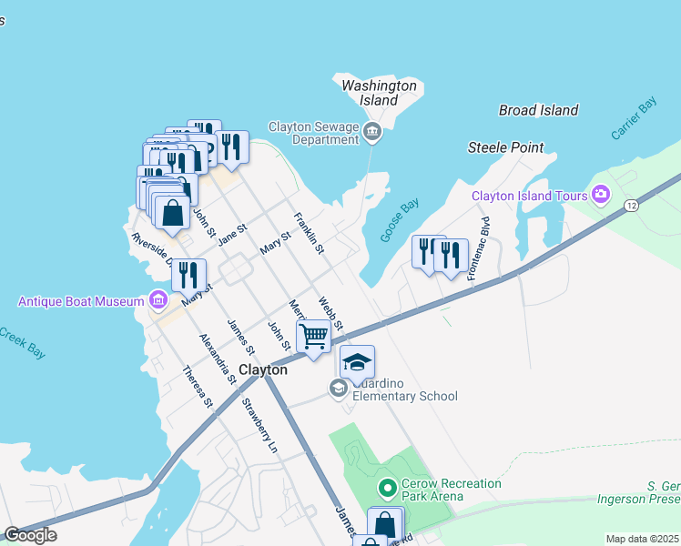map of restaurants, bars, coffee shops, grocery stores, and more near 607 Franklin Street in Clayton