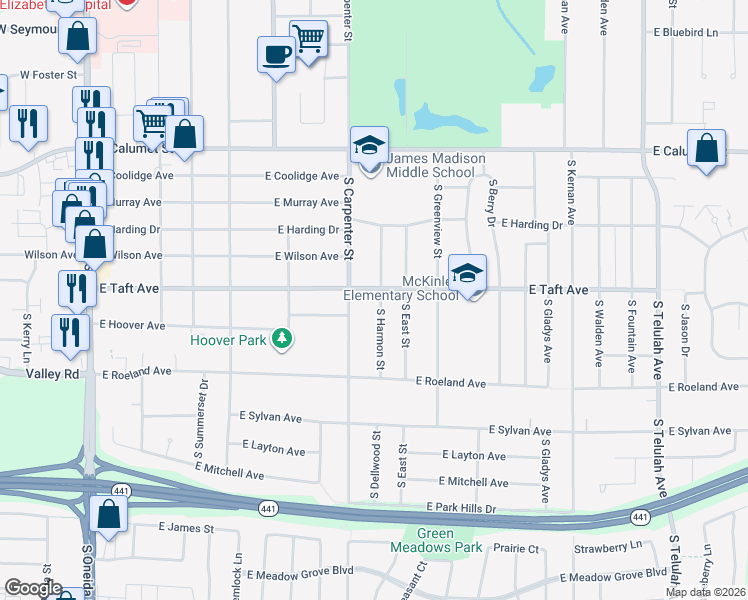 map of restaurants, bars, coffee shops, grocery stores, and more near 2505 South Harmon Street in Appleton