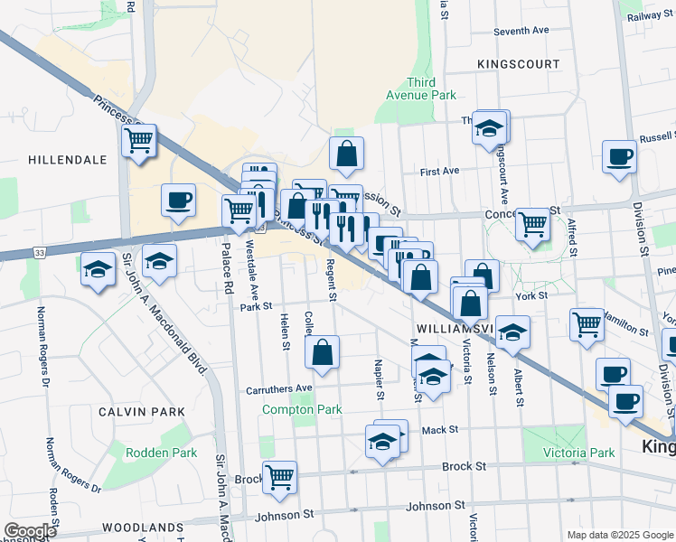 map of restaurants, bars, coffee shops, grocery stores, and more near 315 Regent Street in Kingston