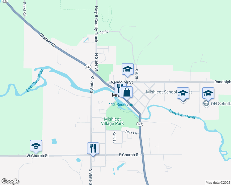 map of restaurants, bars, coffee shops, grocery stores, and more near 302 East Main Street in Mishicot