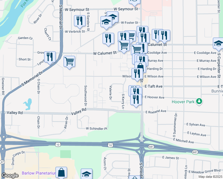 map of restaurants, bars, coffee shops, grocery stores, and more near 56 Valerie Drive in Appleton