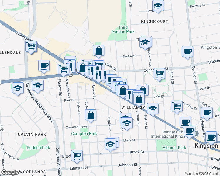 map of restaurants, bars, coffee shops, grocery stores, and more near 797 Princess Street in Kingston