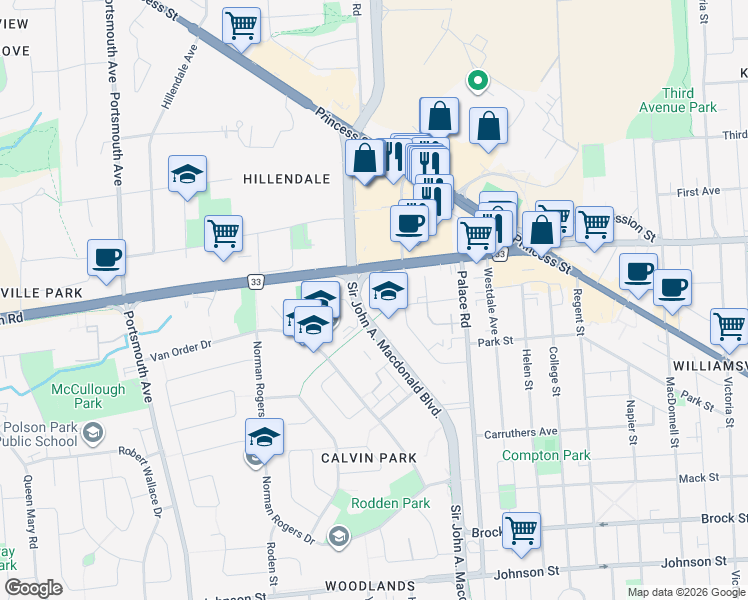 map of restaurants, bars, coffee shops, grocery stores, and more near 94 Wright Crescent in Kingston