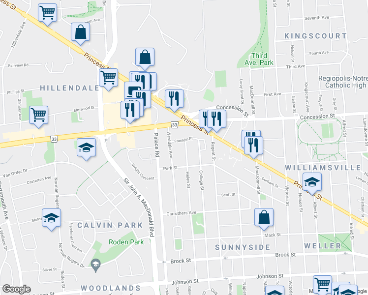 map of restaurants, bars, coffee shops, grocery stores, and more near 300 Helen Street in Kingston