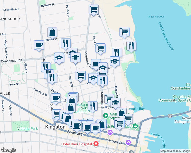map of restaurants, bars, coffee shops, grocery stores, and more near 286A Montreal Street in Kingston