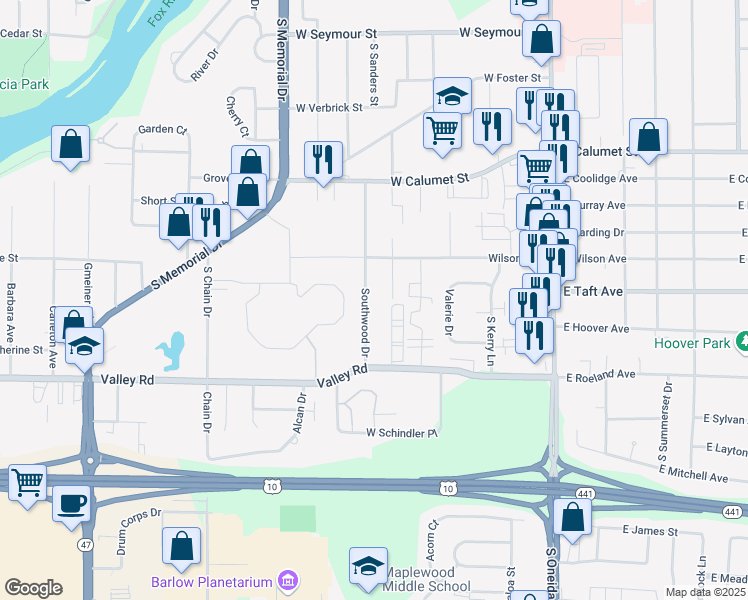 map of restaurants, bars, coffee shops, grocery stores, and more near 2512 Southwood Drive in Appleton