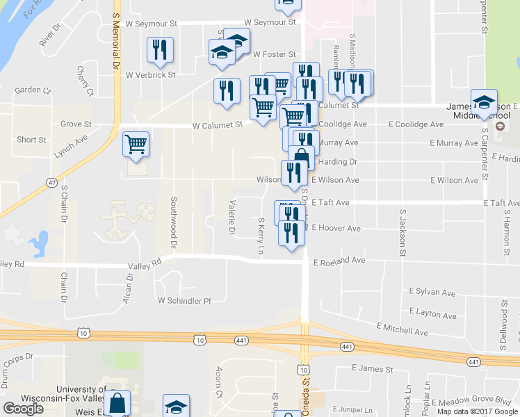 map of restaurants, bars, coffee shops, grocery stores, and more near 2509 South Kerry Lane in Appleton