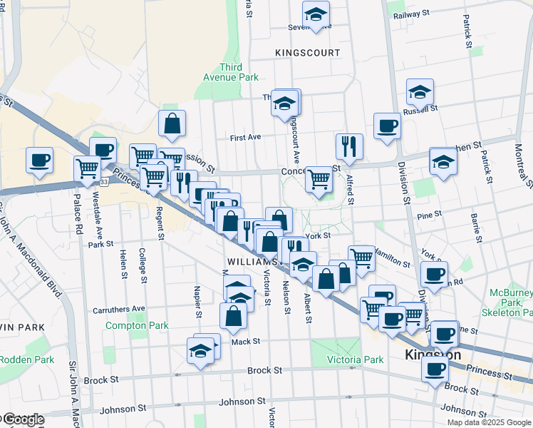 map of restaurants, bars, coffee shops, grocery stores, and more near 631 Victoria Street in Kingston