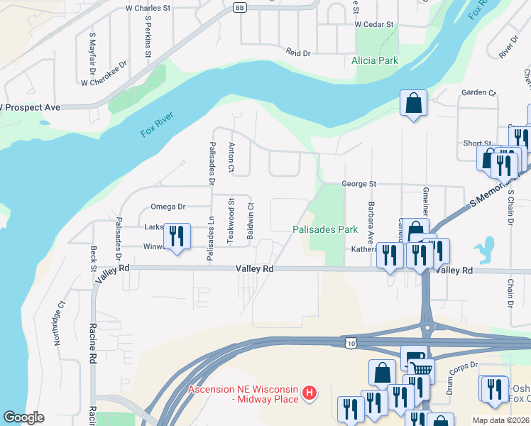 map of restaurants, bars, coffee shops, grocery stores, and more near 1618 Stanton Circle in Appleton