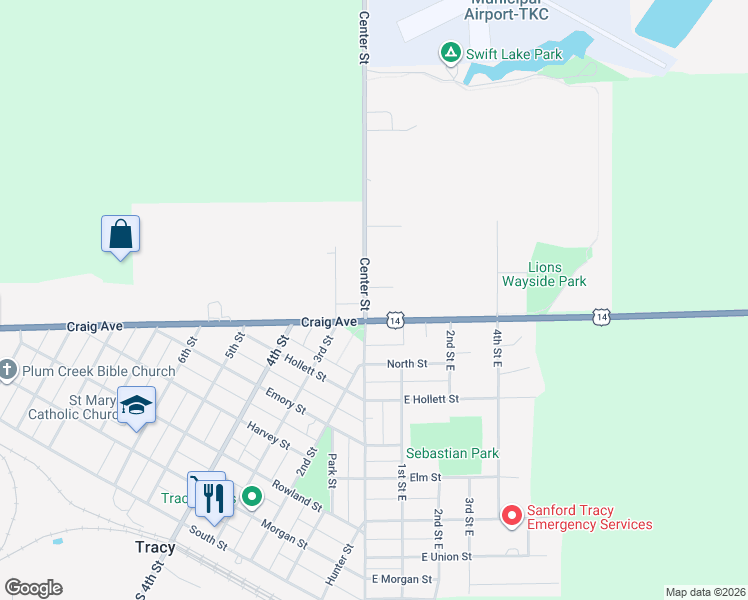 map of restaurants, bars, coffee shops, grocery stores, and more near 840 Center St in Tracy