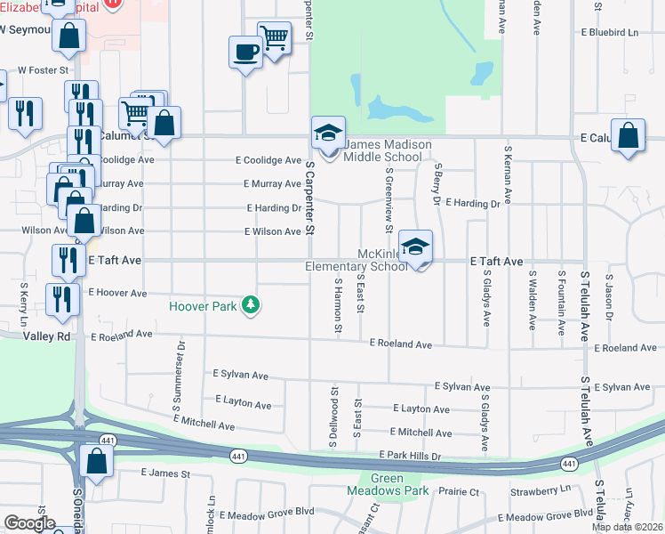 map of restaurants, bars, coffee shops, grocery stores, and more near 2505 South Harmon Street in Appleton