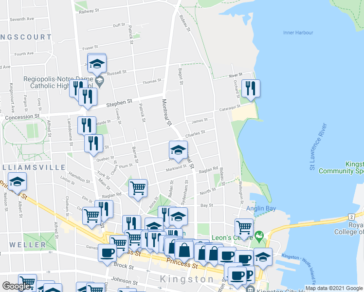 map of restaurants, bars, coffee shops, grocery stores, and more near 286A Montreal Street in Kingston